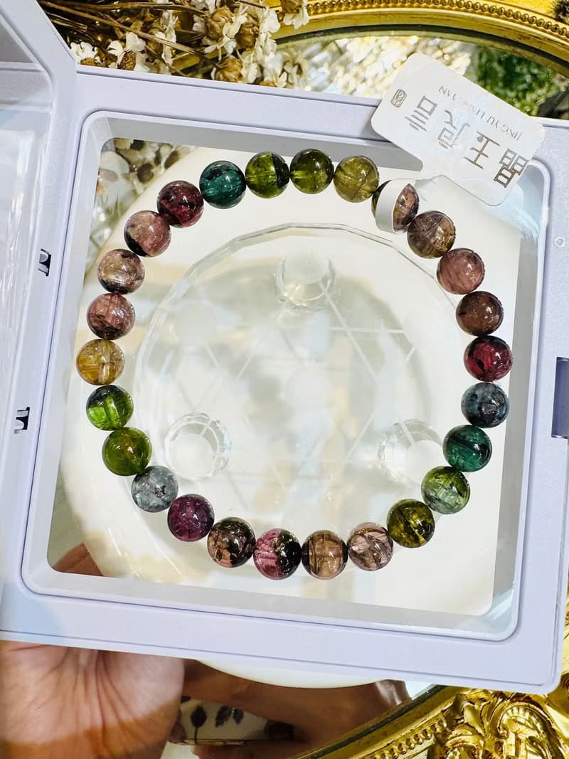 天然黑墨彩混碧璽水晶7mm15g西瓜碧璽藍碧璽高頻磁場旺夫石電氣石