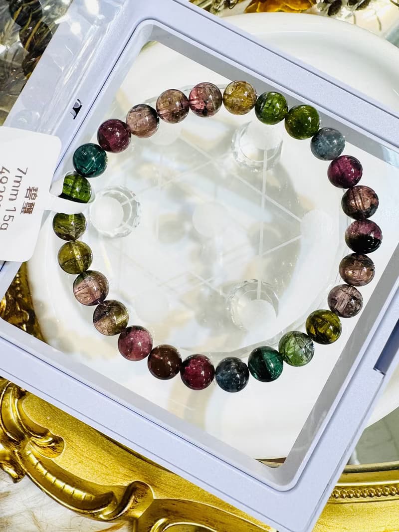 天然黑墨彩混碧璽水晶7mm15g西瓜碧璽藍碧璽高頻磁場旺夫石電氣石