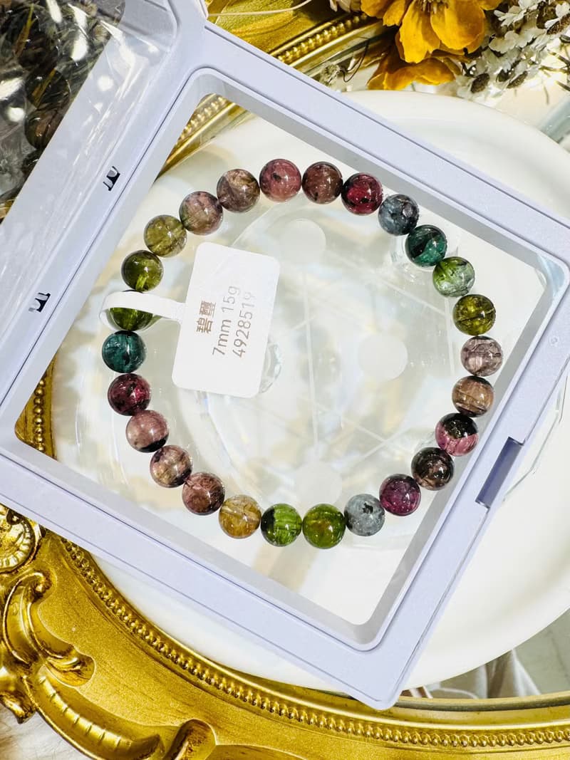 天然黑墨彩混碧璽水晶7mm15g西瓜碧璽藍碧璽高頻磁場旺夫石電氣石