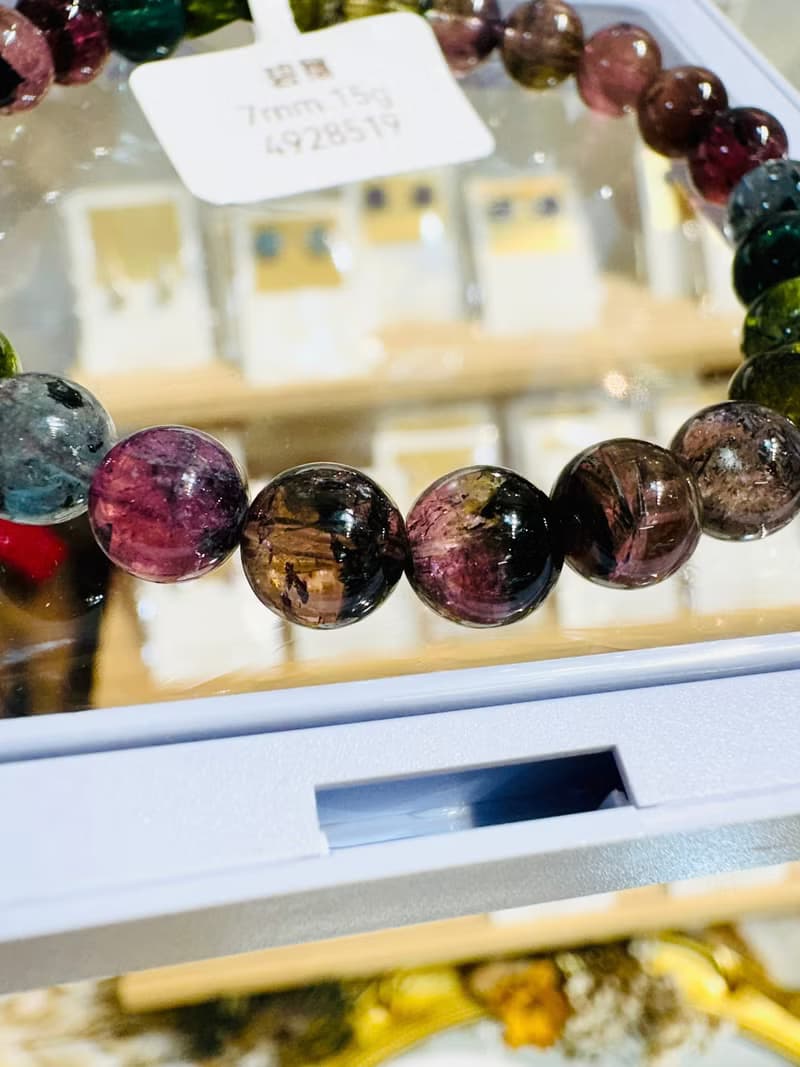 天然黑墨彩混碧璽水晶7mm15g西瓜碧璽藍碧璽高頻磁場旺夫石電氣石