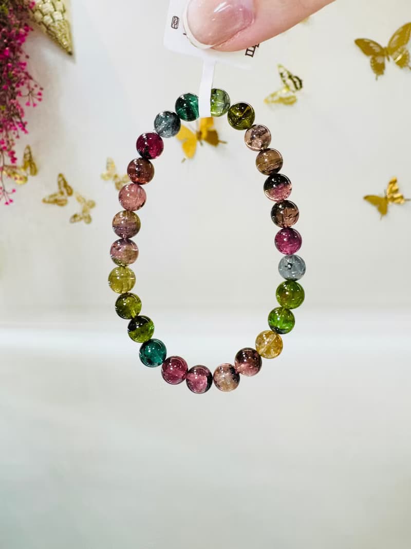 天然黑墨彩混碧璽水晶7mm15g西瓜碧璽藍碧璽高頻磁場旺夫石電氣石