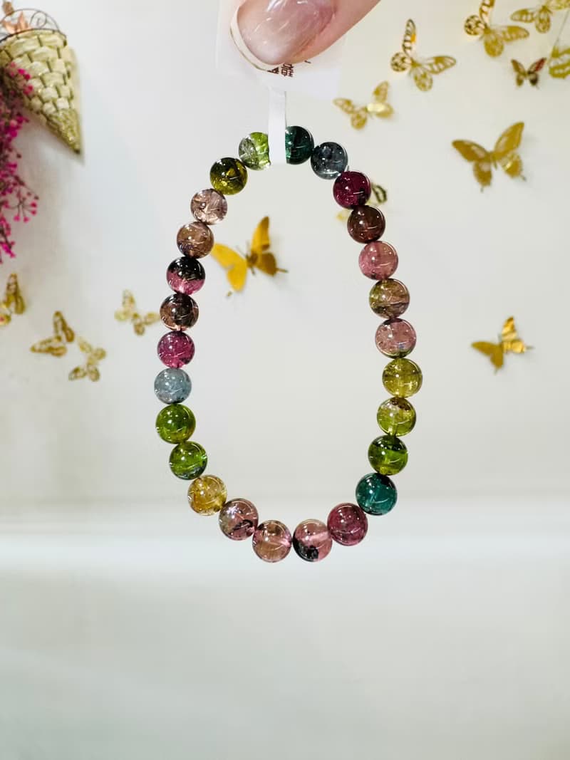 天然黑墨彩混碧璽水晶7mm15g西瓜碧璽藍碧璽高頻磁場旺夫石電氣石