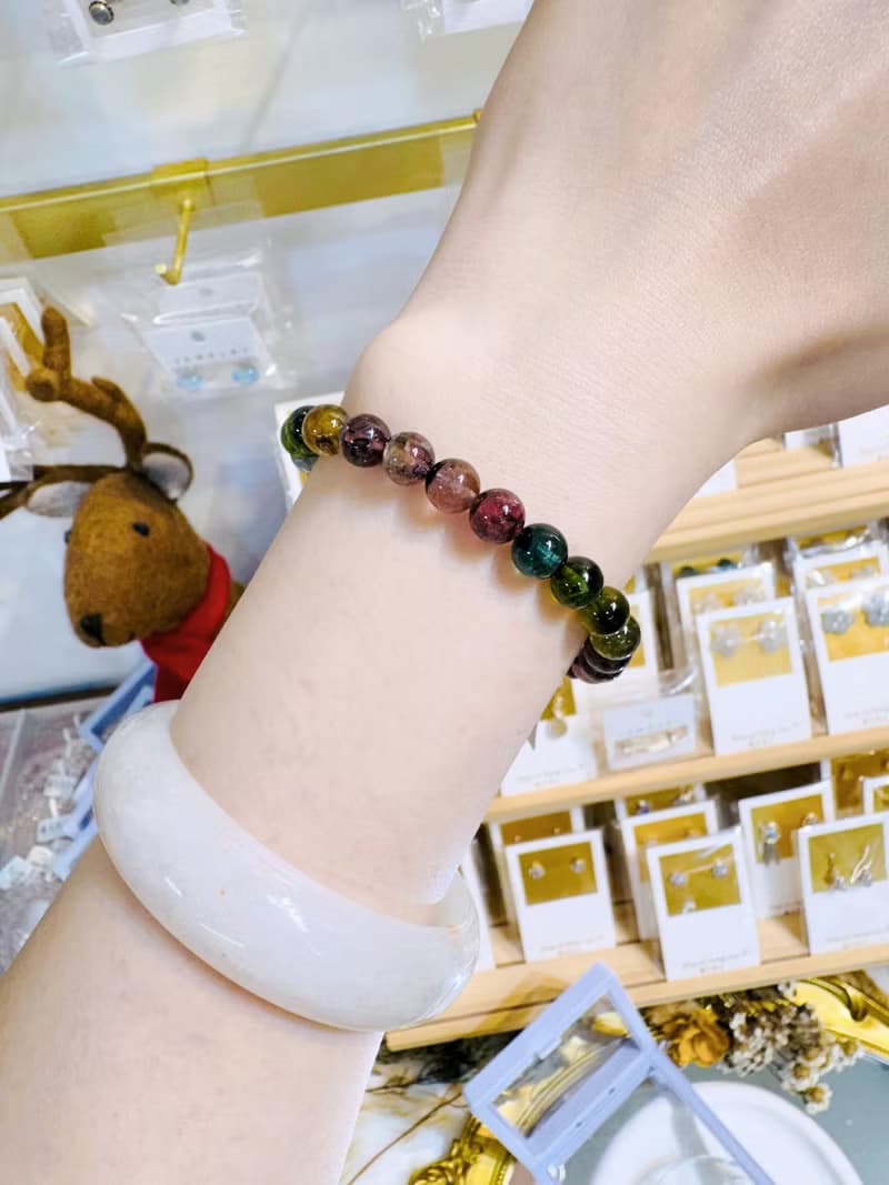 天然黑墨彩混碧璽水晶7mm15g西瓜碧璽藍碧璽高頻磁場旺夫石電氣石