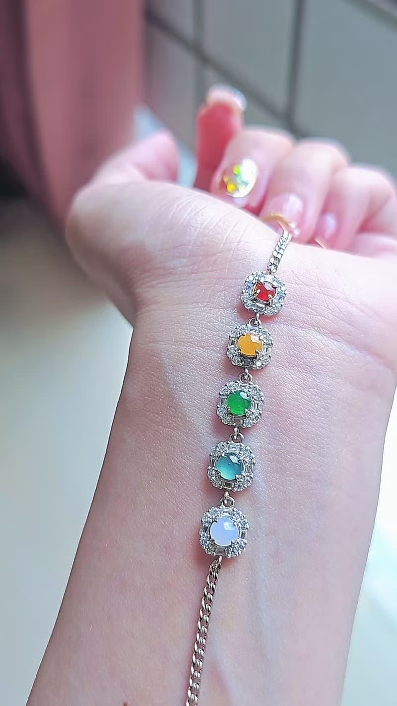 |幸運彩虹方糖|A貨翡翠冰玻多寶彩虹蛋4.5mm純銀鍍18k仙女手鏈