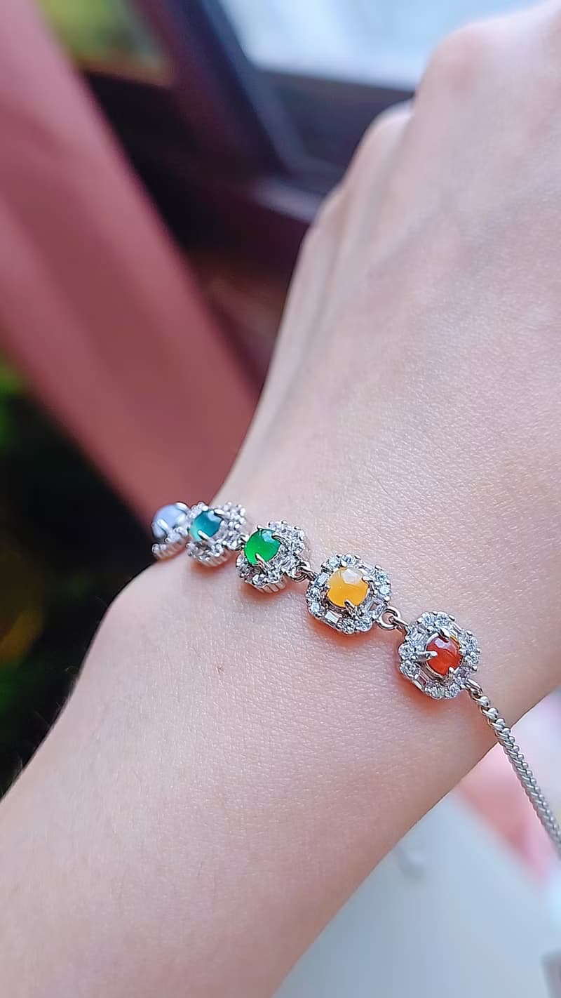 |幸運彩虹方糖|A貨翡翠冰玻多寶彩虹蛋4.5mm純銀鍍18k仙女手鏈