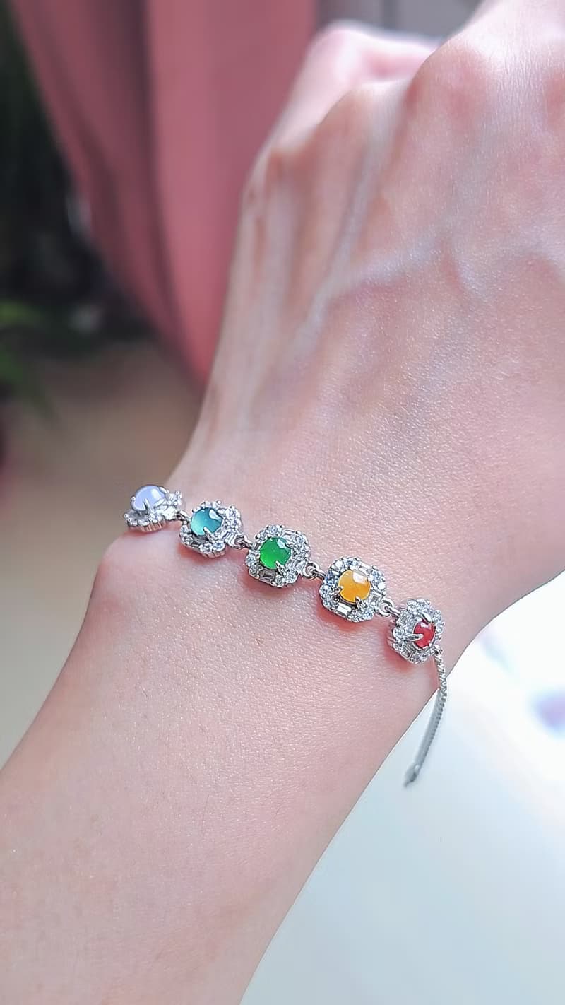 |幸運彩虹方糖|A貨翡翠冰玻多寶彩虹蛋4.5mm純銀鍍18k仙女手鏈