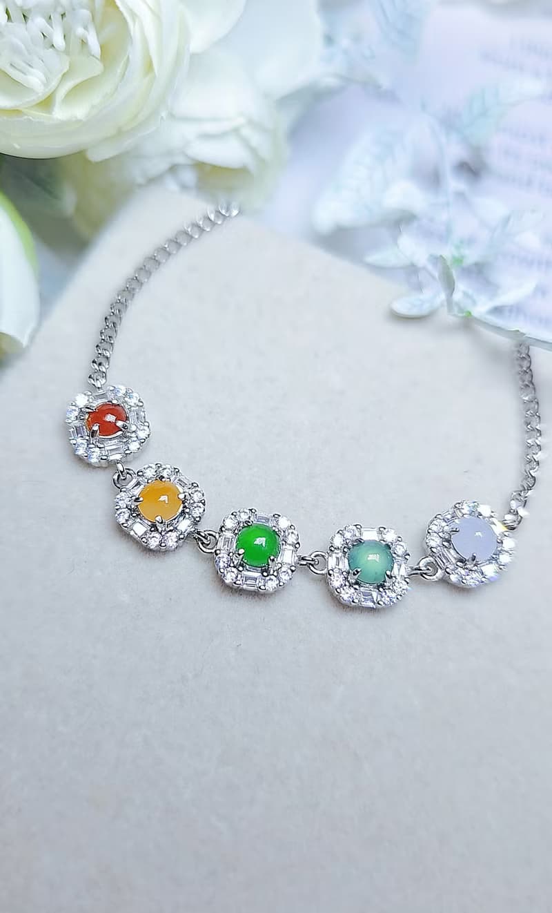 |幸運彩虹方糖|A貨翡翠冰玻多寶彩虹蛋4.5mm純銀鍍18k仙女手鏈