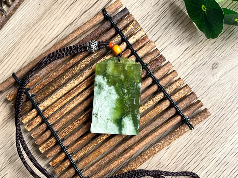 【一物一圖】孤品岫玉青提奶蓋山水牌連手編項鍊繩