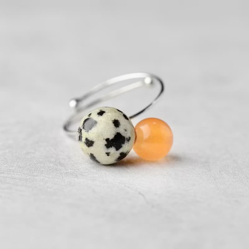 バイカラーリング ダルメシアン マンダリンオレンジ 天然石 指輪 オープンリング 生日禮物 女 結婚禮物 contemporary jewelry