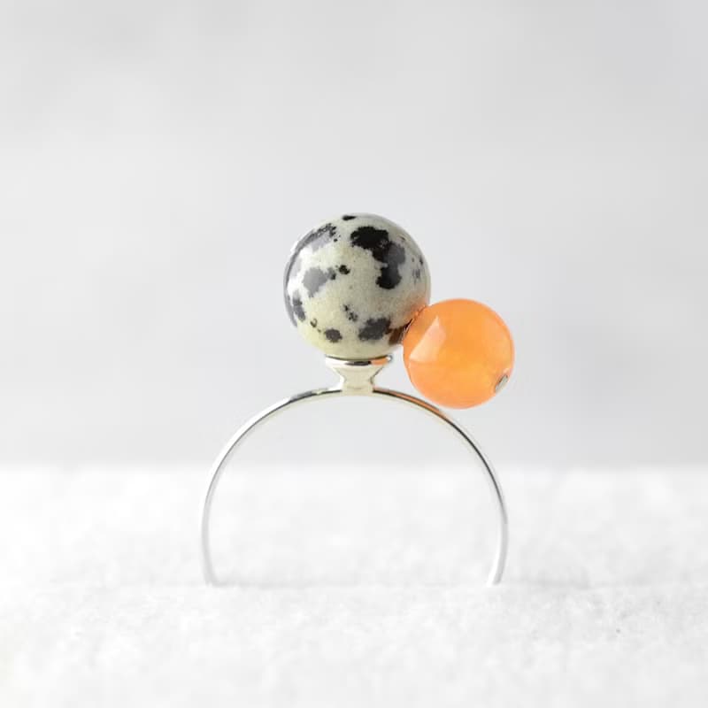 バイカラーリング ダルメシアン マンダリンオレンジ 天然石 指輪 オープンリング 生日禮物 女 結婚禮物 contemporary jewelry