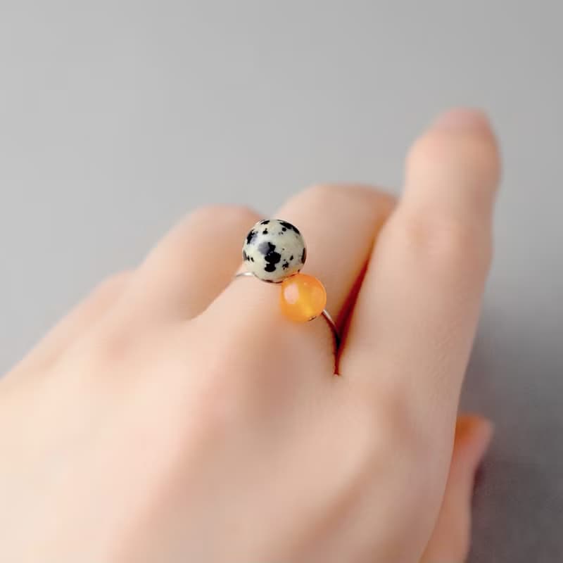 バイカラーリング ダルメシアン マンダリンオレンジ 天然石 指輪 オープンリング 生日禮物 女 結婚禮物 contemporary jewelry
