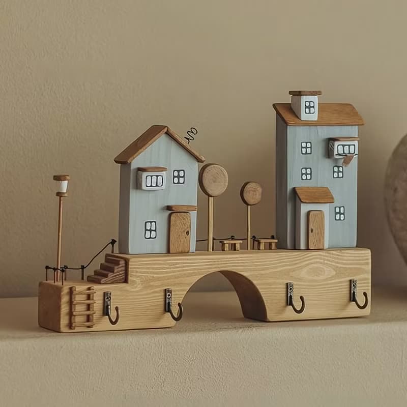 Wood Key Holder with Houses and Bridge 5 Hooks for Entryway Kitchen Office