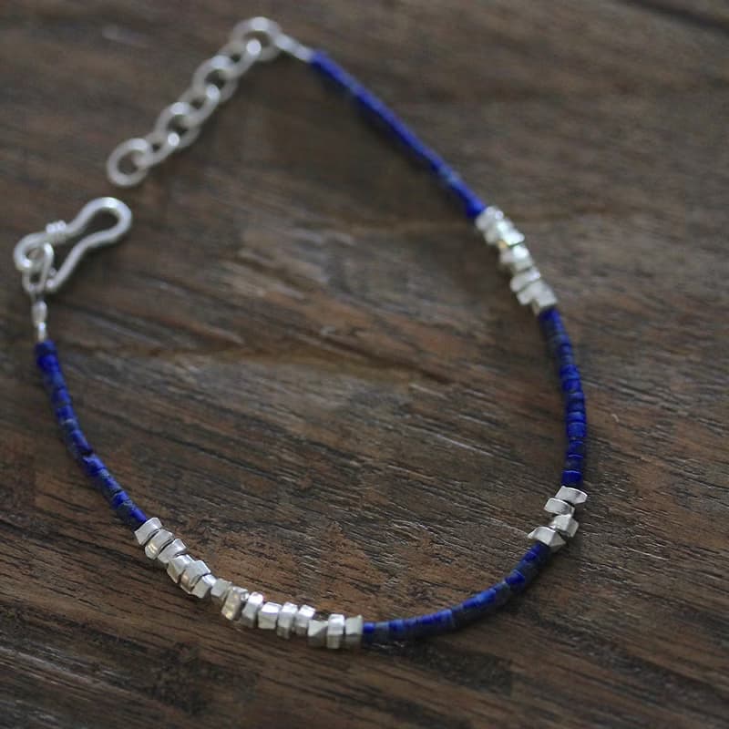Lapis Lazuli and silver sugar cube beads bracelet (B0031)