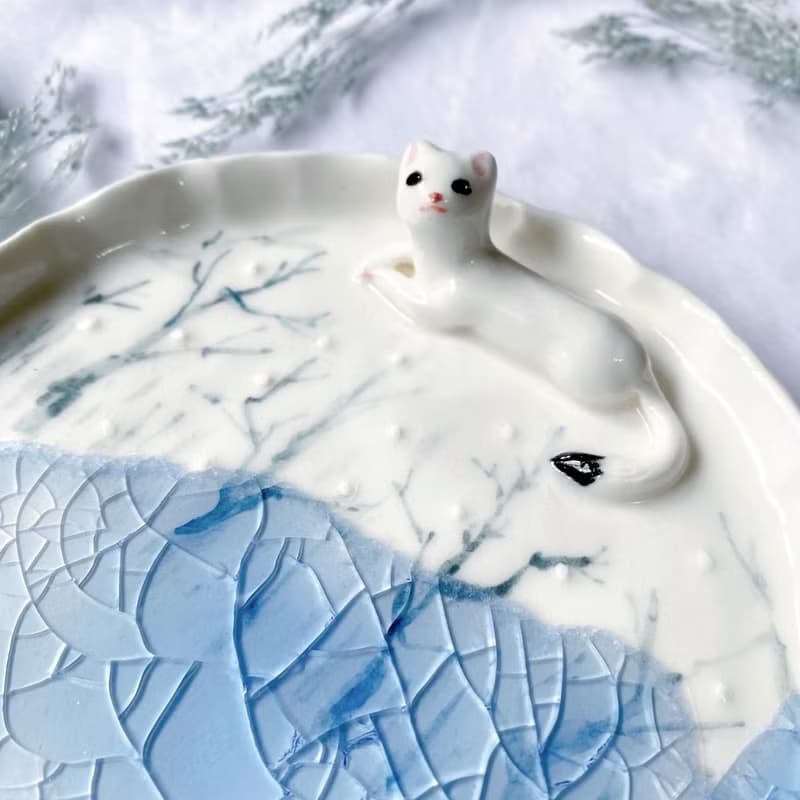 【手作盤子禮盒】手捏盤-雪貂與冰湖(大)|免費禮盒和卡片代寫