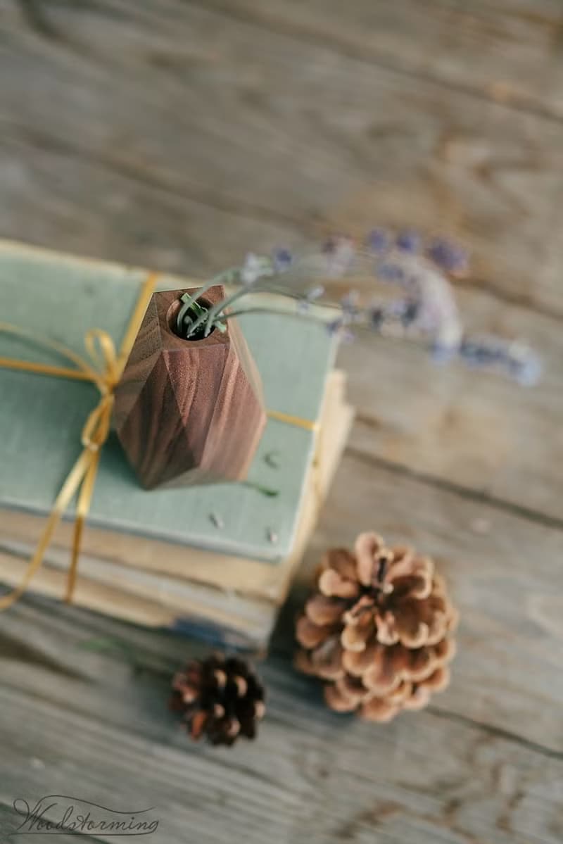 Faceted wood vase, minimalist bud vase