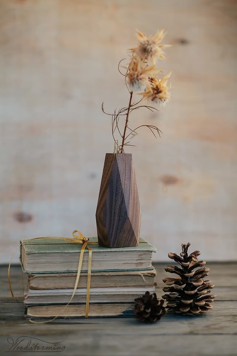 Faceted wood vase, minimalist bud vase