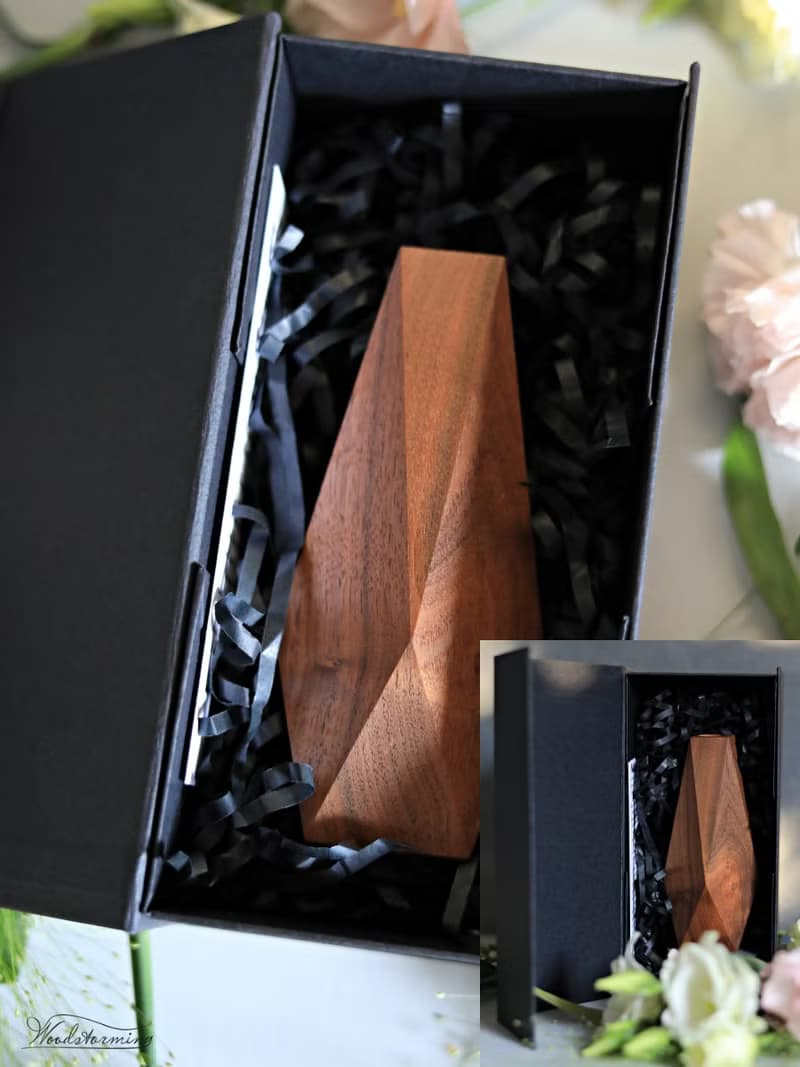 Faceted wood vase, minimalist bud vase