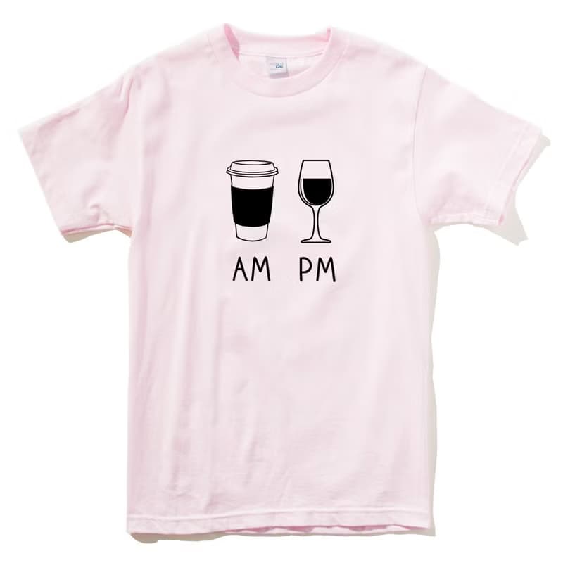 COFFEE AM WINE PM 短袖T恤 淺粉色 咖啡 酒 禮物 設計 插畫