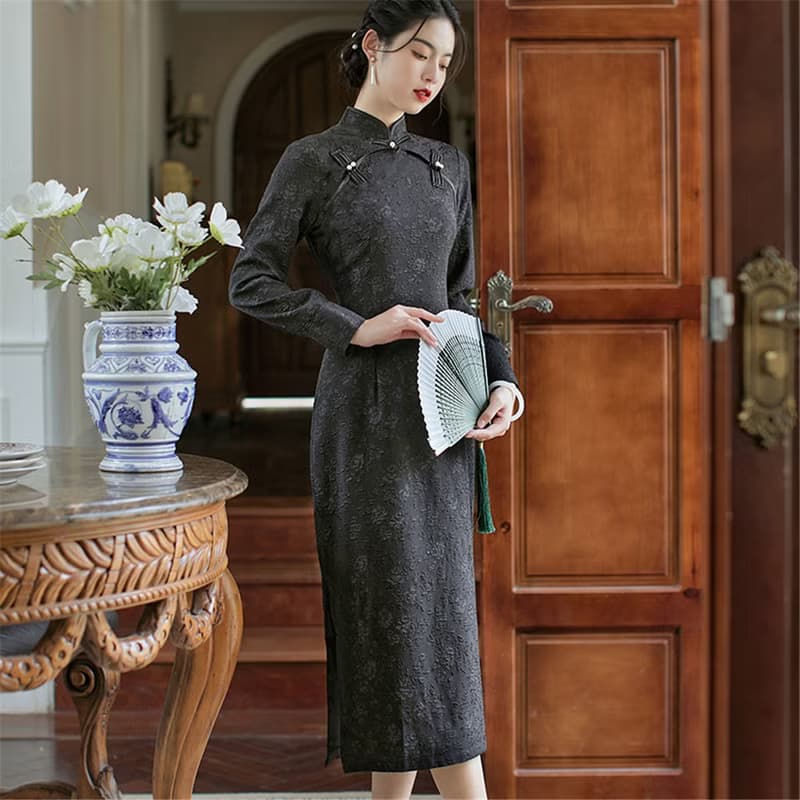 黑色 夜未央 暗紋提花秋冬旗袍禮服 復古改良新中式國風晚宴洋裝