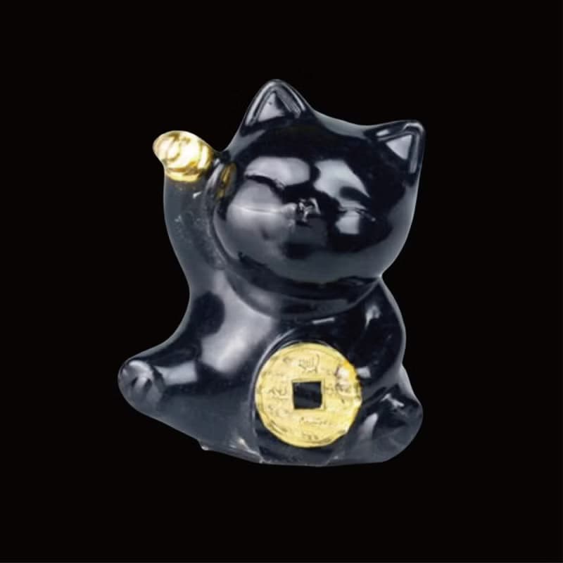 保庇BOBEE 中國工藝 天然水晶碎石招財貓 招財貓 - 黑曜石
