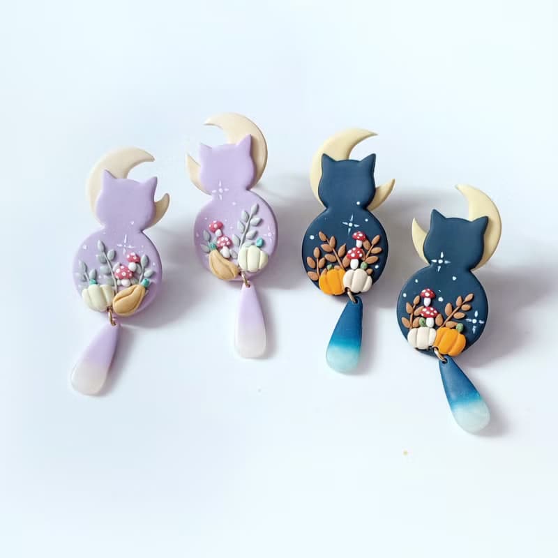 bi kitty//小貓咪月亮菇菇魔法夜手工軟陶大耳環