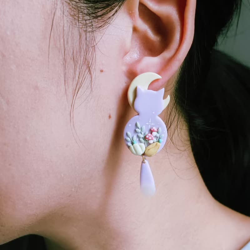 bi kitty//小貓咪月亮菇菇魔法夜手工軟陶大耳環