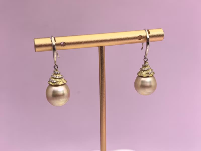 金色眼淚 天然海水珍珠 南洋金珠 純銀耳環