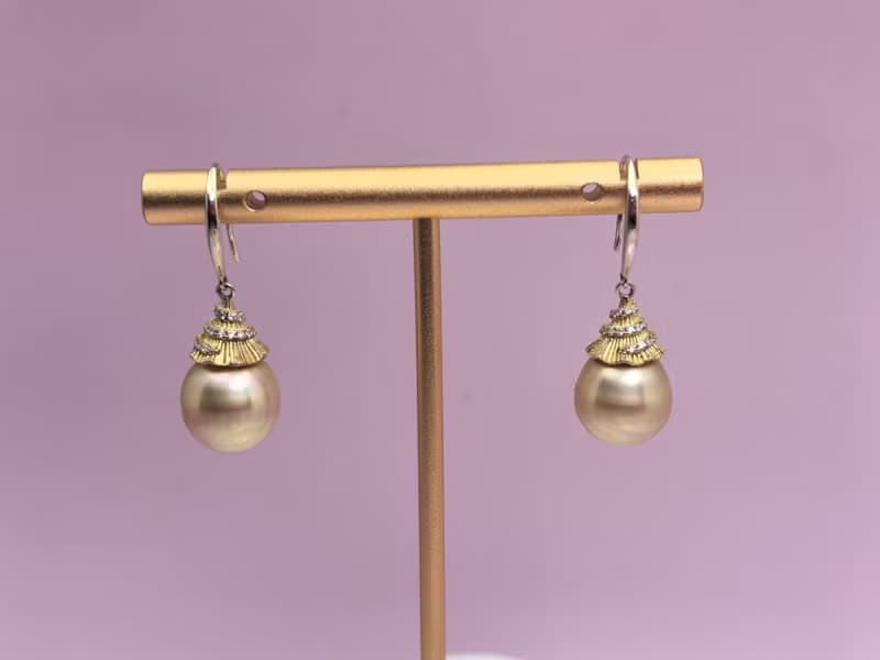 金色眼淚 天然海水珍珠 南洋金珠 純銀耳環
