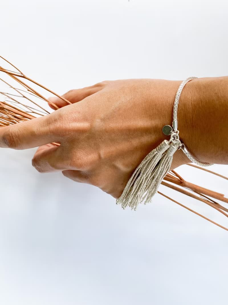 Foxtail bracelet with hanging beaded silver tassels (B0087)