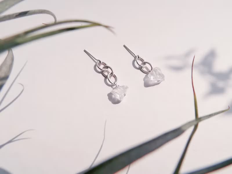 925純銀 煉光白水晶 耳環 或 耳夾 不對稱 一對