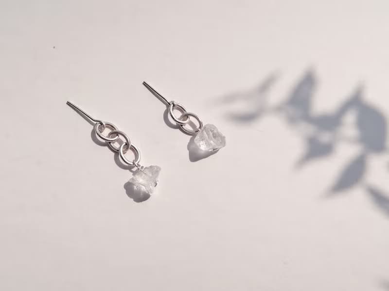 925純銀 煉光白水晶 耳環 或 耳夾 不對稱 一對