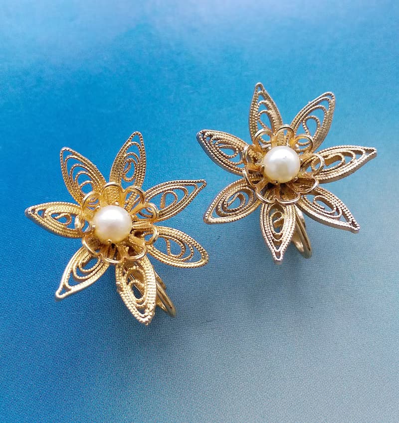 Vintage Jewelry 西洋古董飾品 立體 掐絲珍珠花 夾式耳環