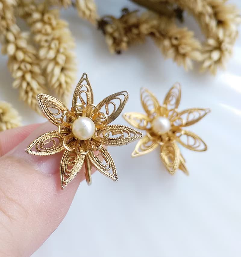 Vintage Jewelry 西洋古董飾品 立體 掐絲珍珠花 夾式耳環