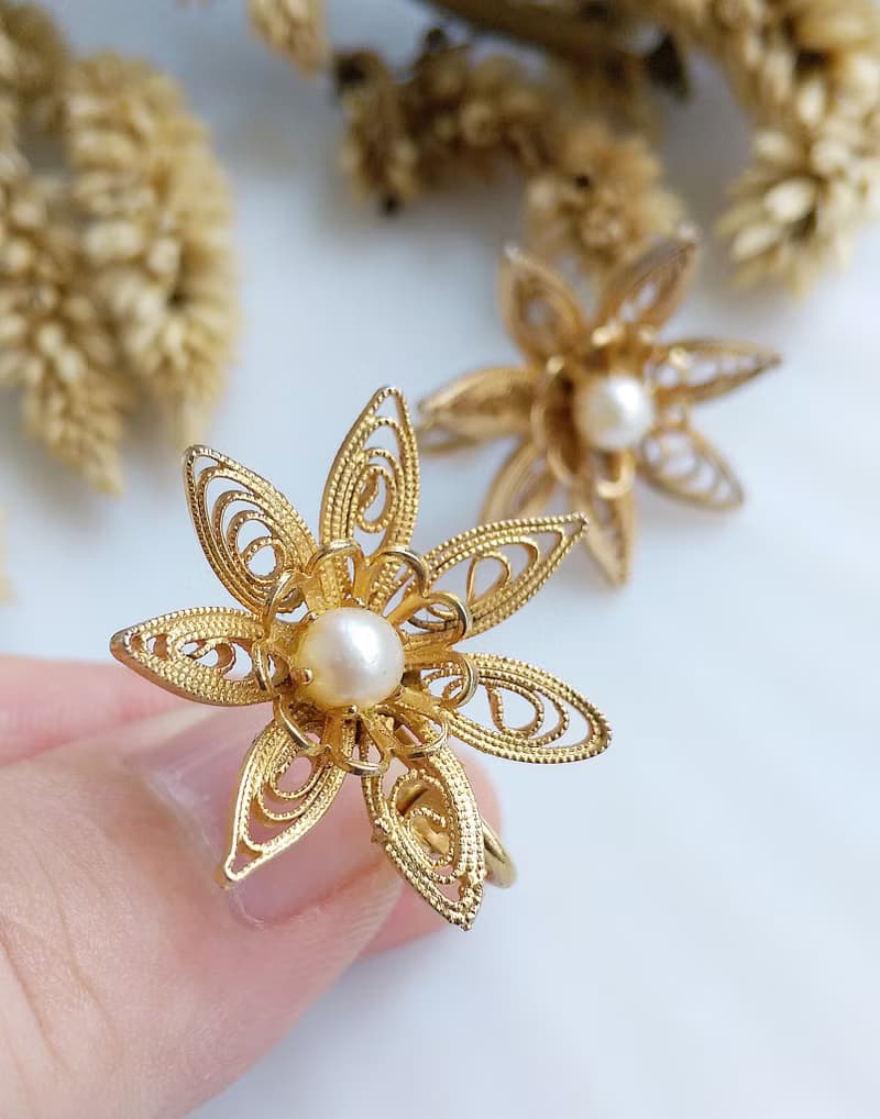 Vintage Jewelry 西洋古董飾品 立體 掐絲珍珠花 夾式耳環
