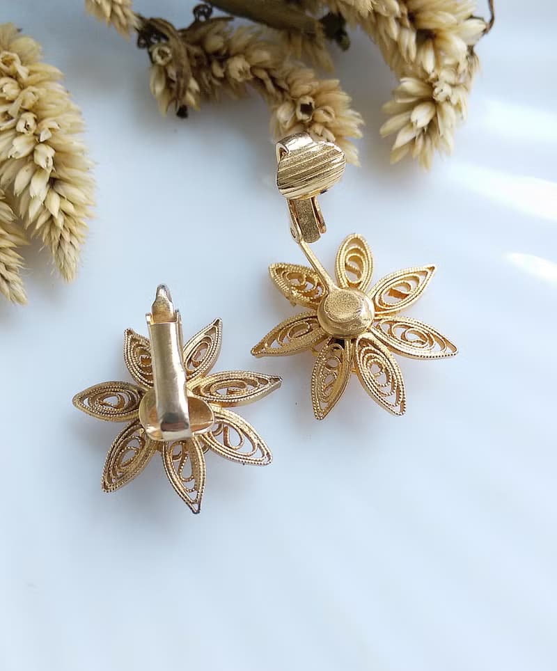 Vintage Jewelry 西洋古董飾品 立體 掐絲珍珠花 夾式耳環