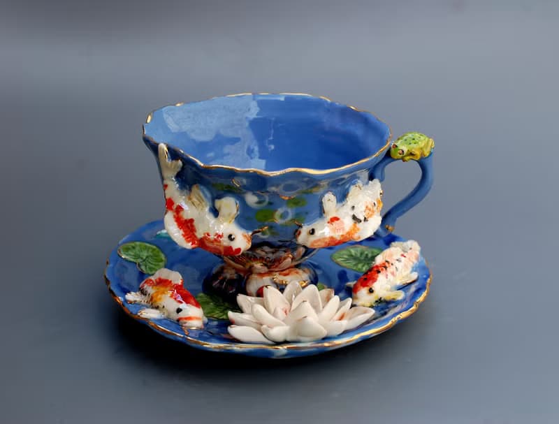 Koi Fish Cup and saucer Beautiful handmade porcelain tea set Blue mug