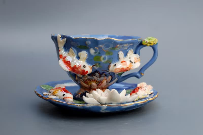 Koi Fish Cup and saucer Beautiful handmade porcelain tea set Blue mug