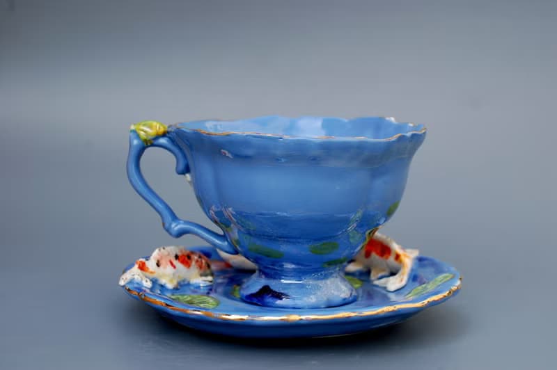 Koi Fish Cup and saucer Beautiful handmade porcelain tea set Blue mug