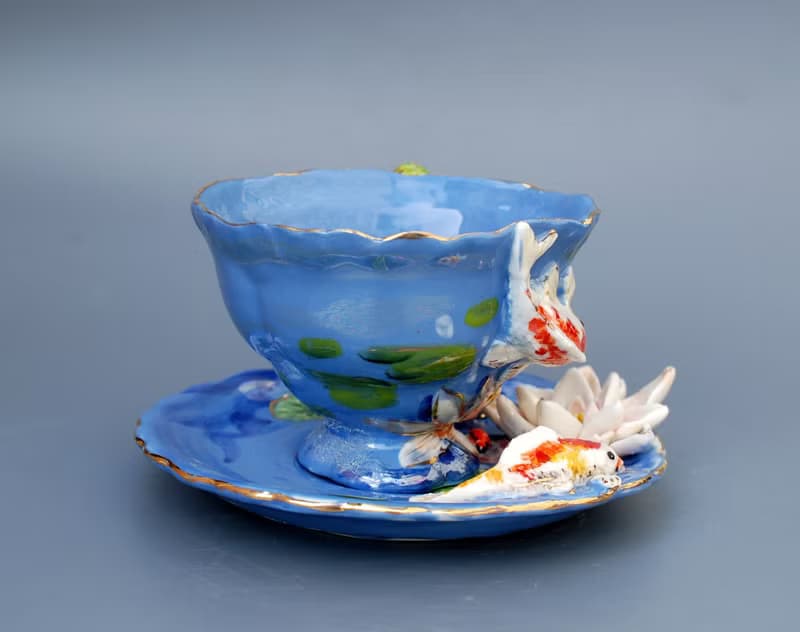 Koi Fish Cup and saucer Beautiful handmade porcelain tea set Blue mug