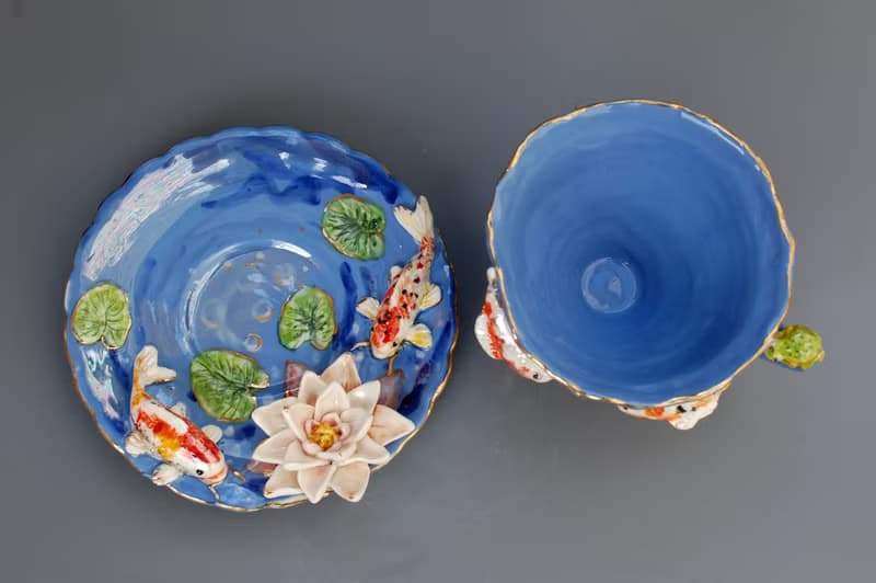 Koi Fish Cup and saucer Beautiful handmade porcelain tea set Blue mug