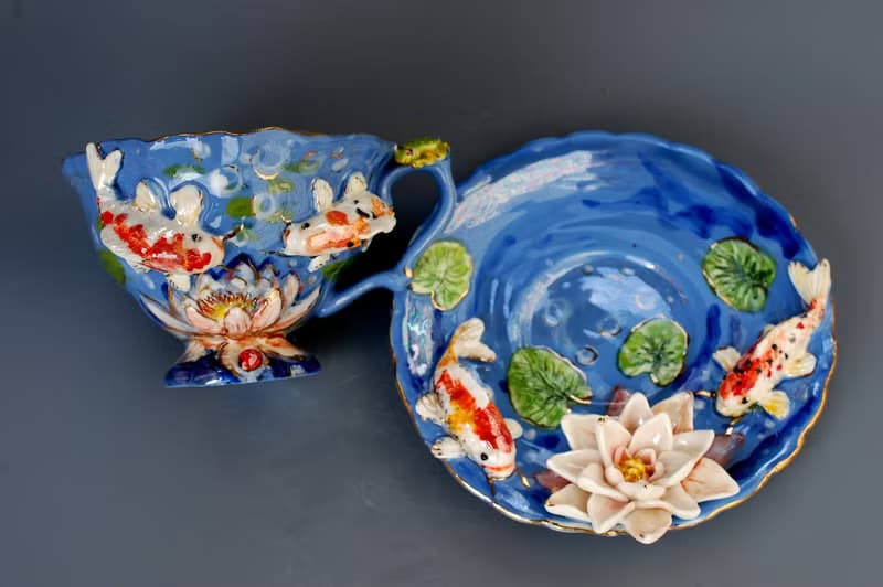 Koi Fish Cup and saucer Beautiful handmade porcelain tea set Blue mug