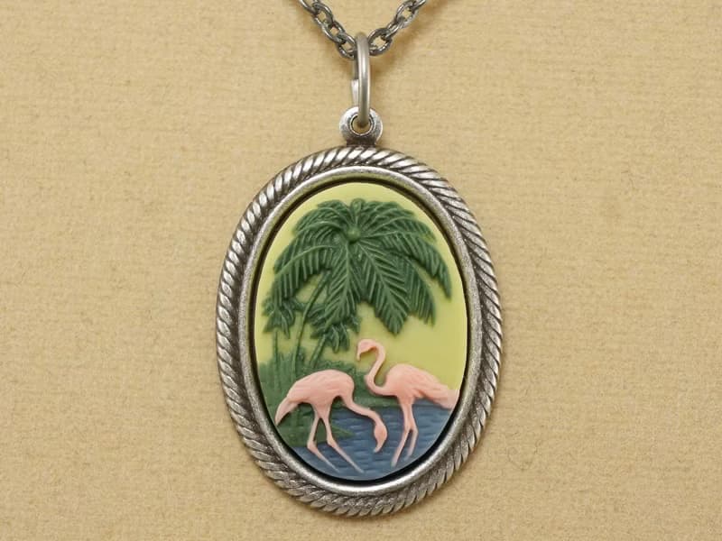 Pink Flamingo Cameo Necklace Tropical Beach Green Palm Pendant Necklace Jewelry