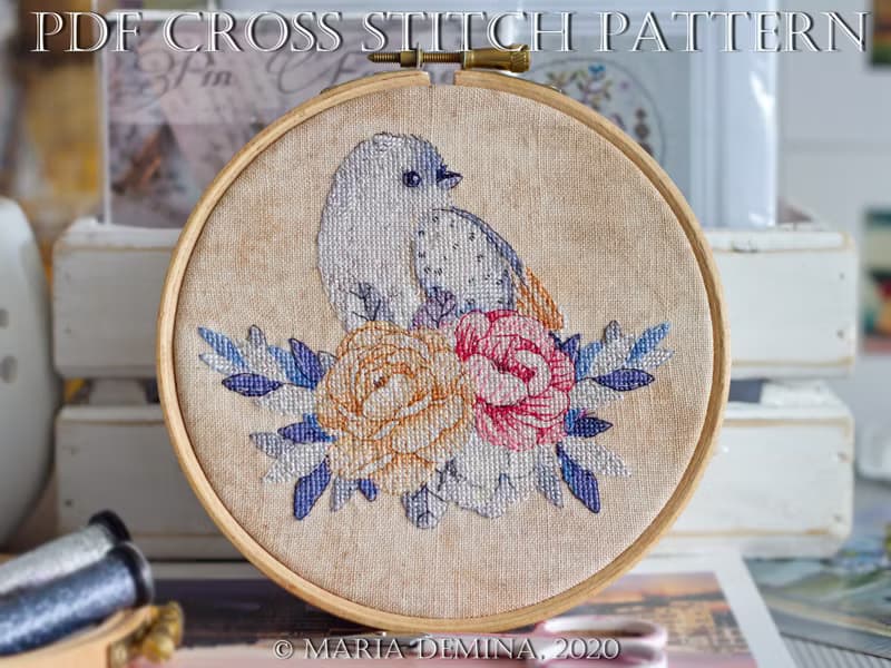 【數位】Moonlight Bird and Bouquet II PDF cross stitch pattern 鸟花十字绣