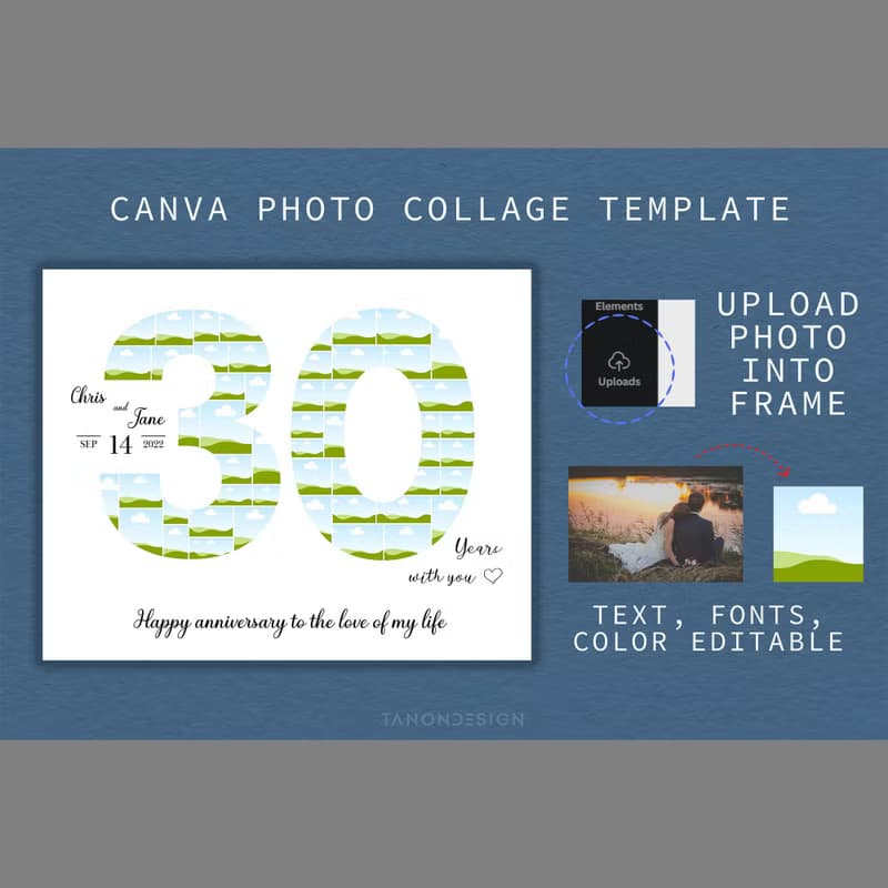 【數位】Number Photo collage Editable Canva Template, Anniversary Gift, Birthday Gift