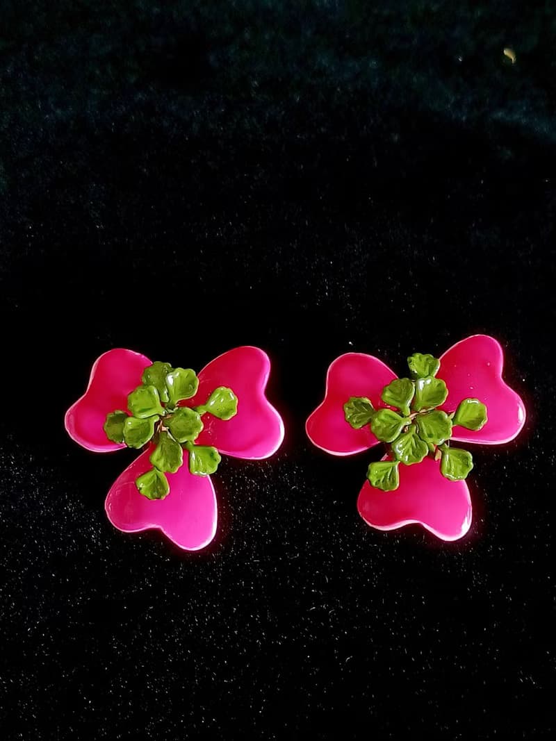 vintage jewelry  豔麗立體粉色琺瑯花卉 夾式耳環