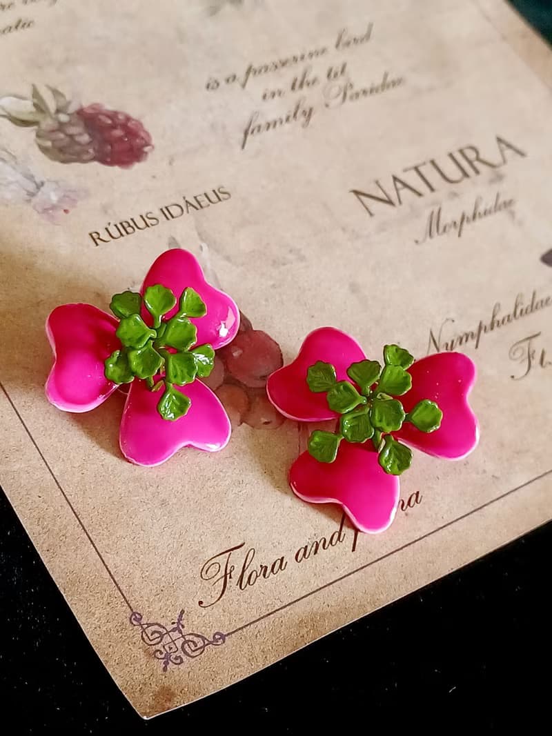 vintage jewelry  豔麗立體粉色琺瑯花卉 夾式耳環