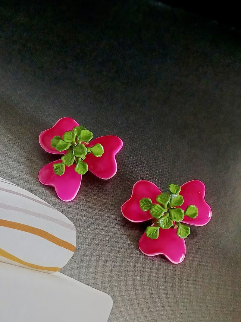 vintage jewelry  豔麗立體粉色琺瑯花卉 夾式耳環