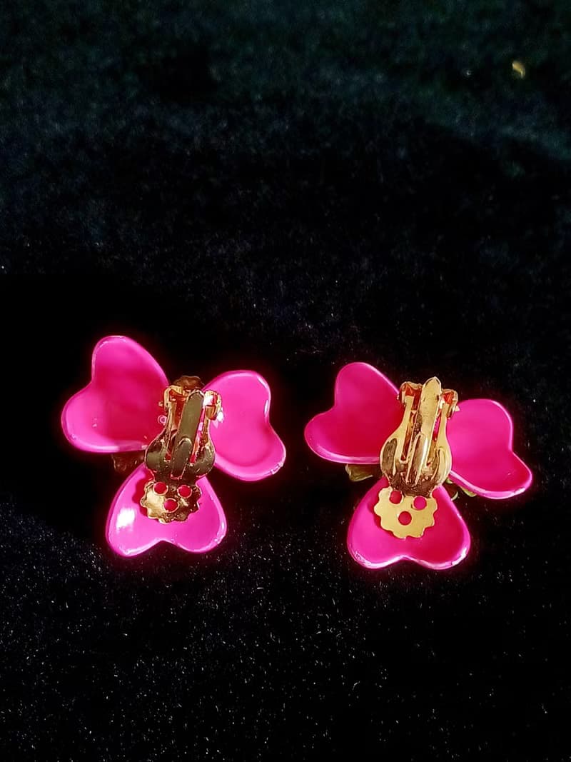 vintage jewelry  豔麗立體粉色琺瑯花卉 夾式耳環