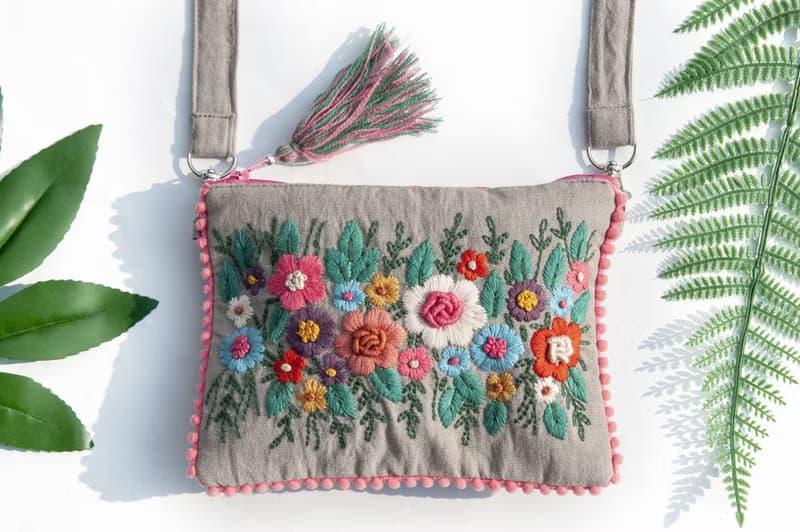 手縫純棉布側背包/刺繡斜背包/刺繡肩背包/北歐植物手繡包-花朵風