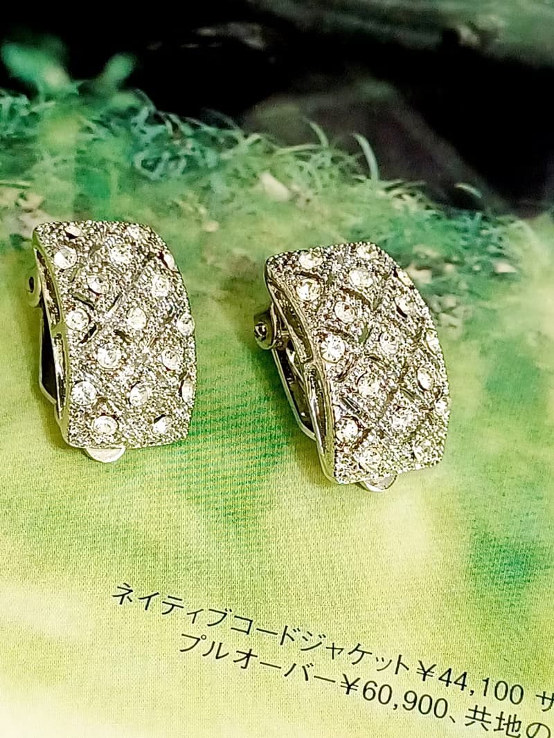 vintage jewelry  古典奢華滿綴方形萊茵 夾式耳環